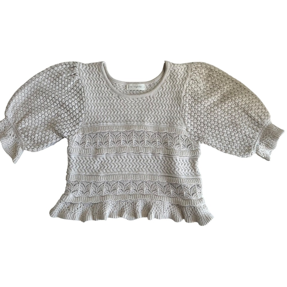 By Together Beige Knit Puff Sleeve Peplum Sweater‎ Top Size S - Picture 2 of 7